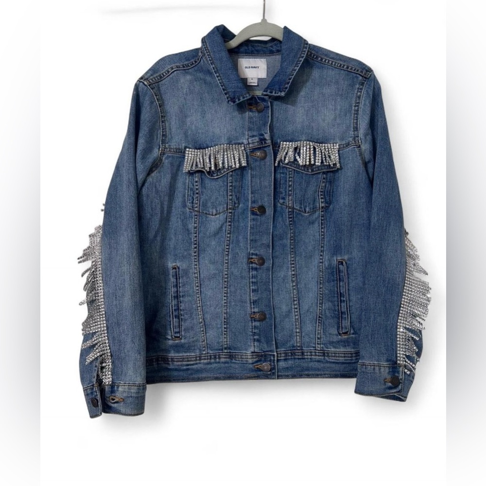 Upcycled Denim Jean Jacket XL Rhinestone Fringe Let Me Tell You ’Bout My Jesus - Picture 2 of 8